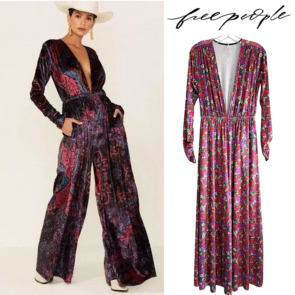 Free People Giselle Velvet Billowy Wide Leg Jumpsuit Deep V Neck Floral Print S - Picture 2 of 16